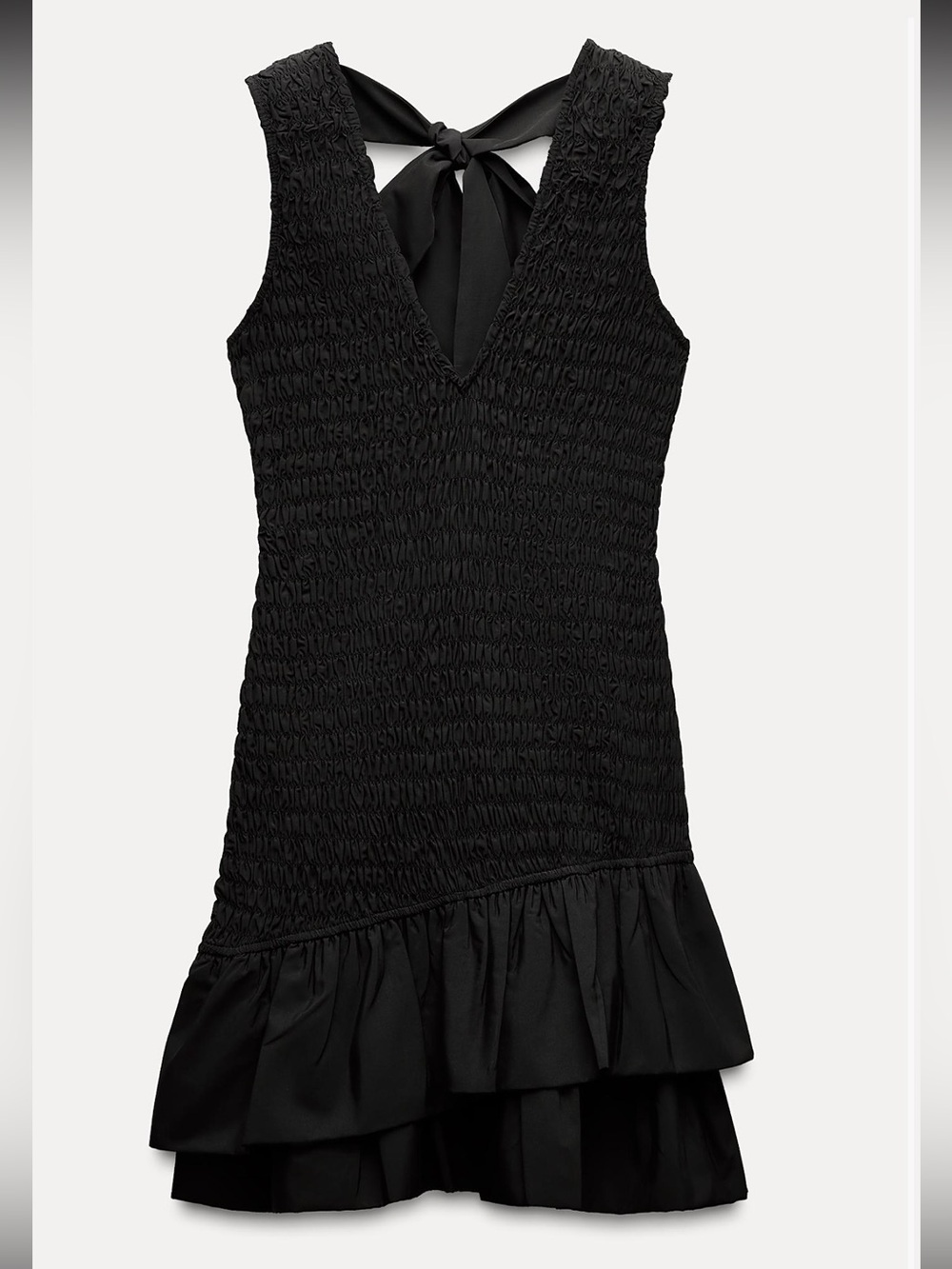 Zara Black Smocked V-Neck Dress with Tie Back